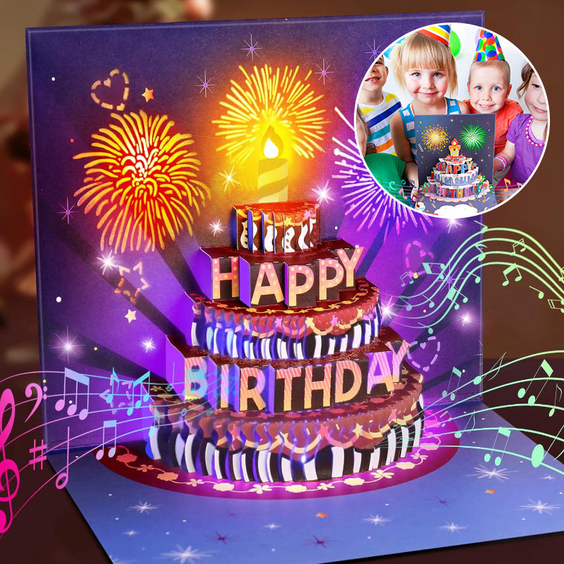 Interactive Pop-Up Happy Birthday Card with Lights & Music, front view, 3D cake design