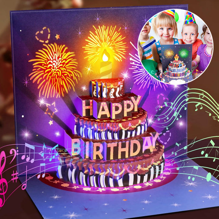 Greeting Card, pop-up, musical and light-up, with a detailed birthday cake design and confetti