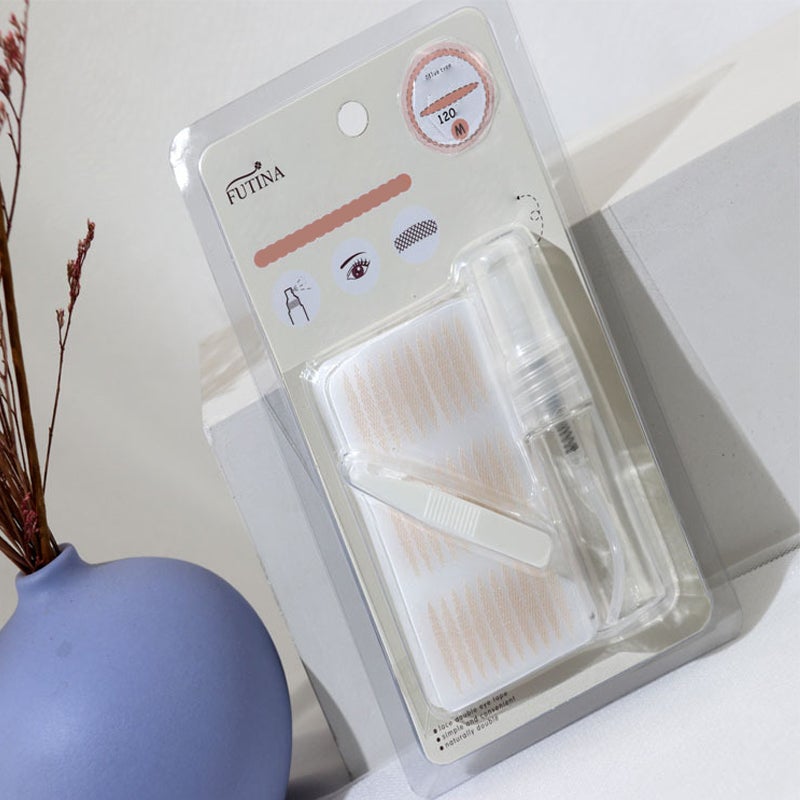 Woman demonstrating the before and after effect of invisible eyelid lifting tapes; cosmetic solution.
