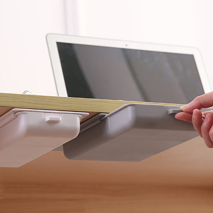 Angle view of under desk drawer organizer, black, perfect for maximizing small workspace.