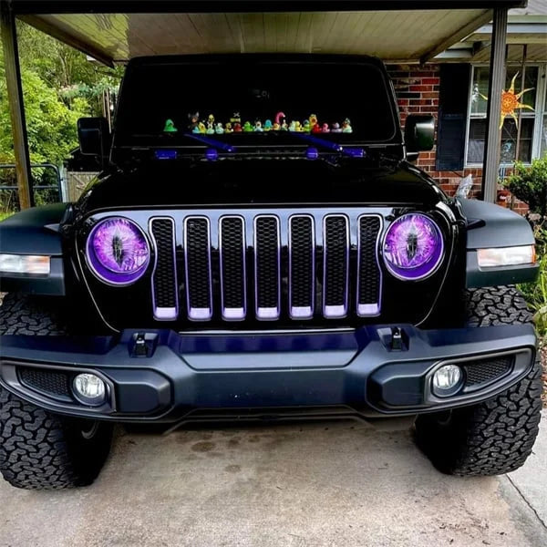 Unisex Beast Eyes headlight decals transforming a Jeep's front end; ultimate car accessory, bold styling
