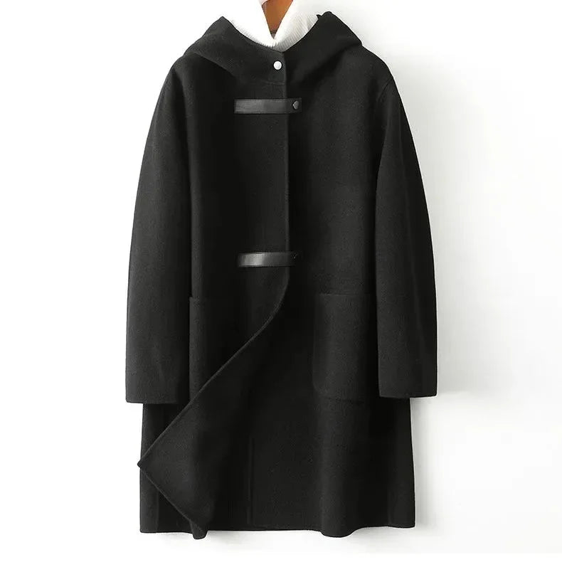 Black long hooded outerwear for women, wool blend, ideal for winter, featuring a cozy design.