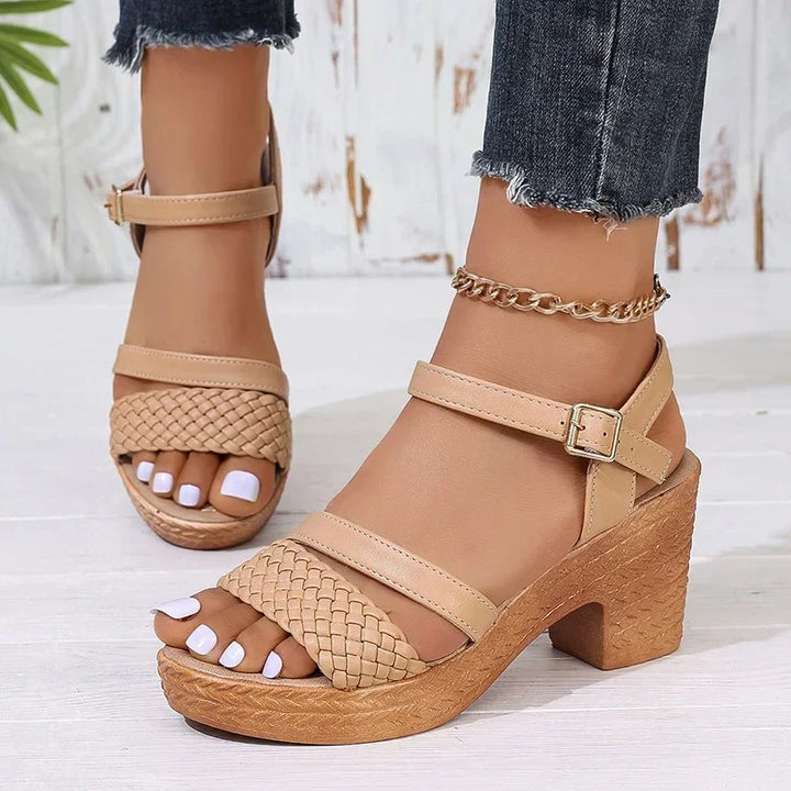 Footwear for women: khaki strappy woven sandals with a practical block heel