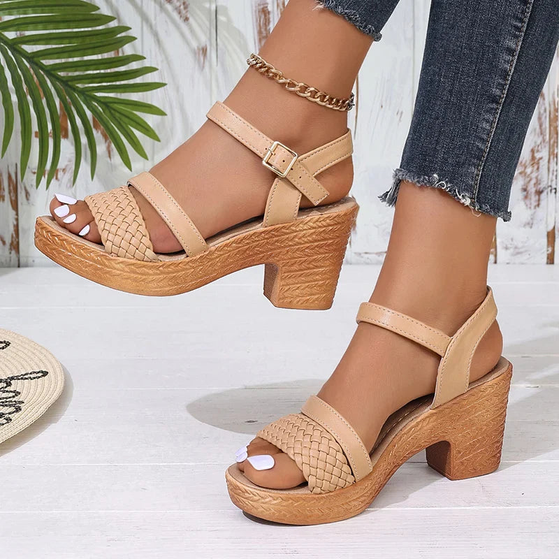 Side view of khaki woven block heel sandals, highlighting the heel height