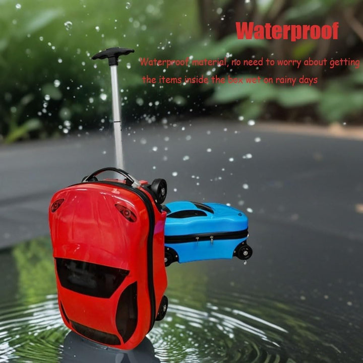 Red car-shaped 18-inch kids' luggage with wheels, perfect for children's holiday travel.
