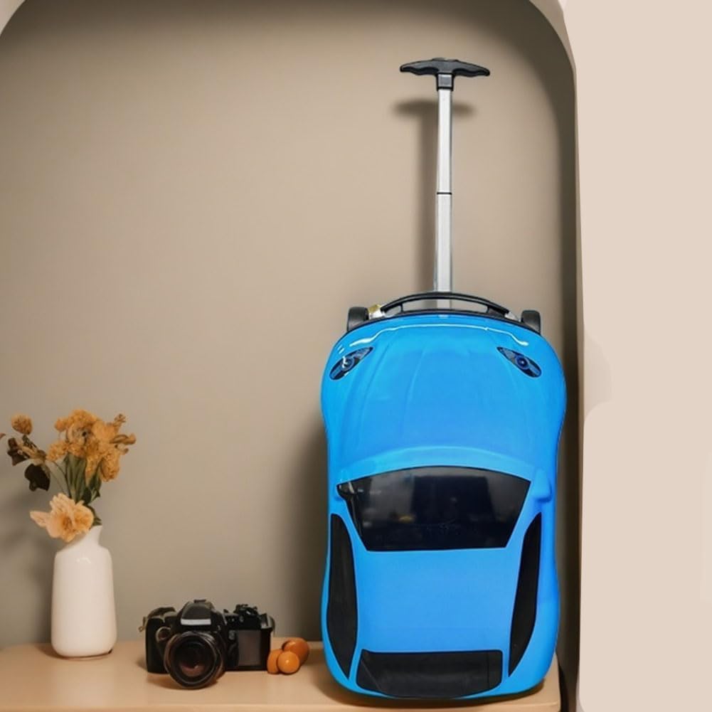 18-inch car-shaped travel bag for kids, a fun and functional wheeled pull-along suitcase.