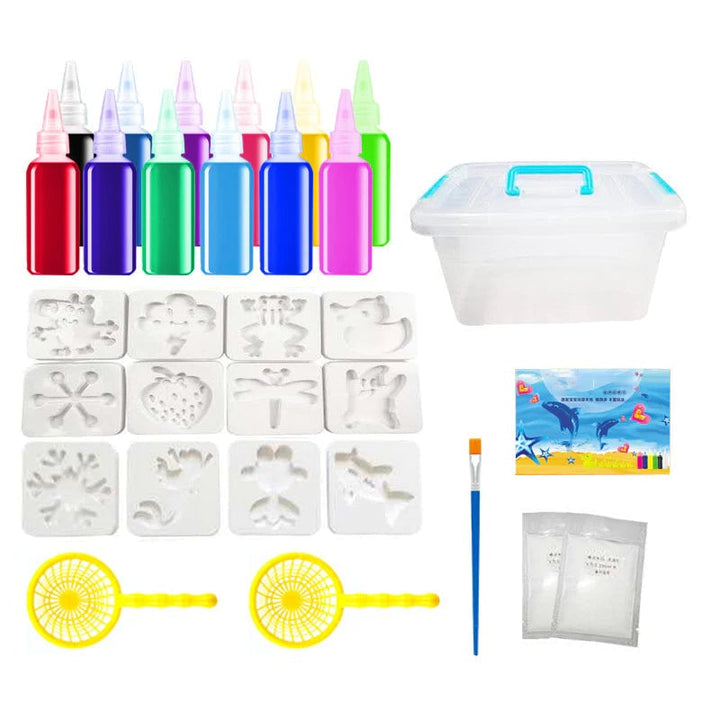 Close-up of clear solution bottle and colorful aqua gels, essential parts of the DIY sensory toy