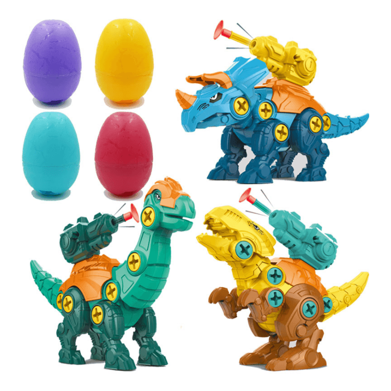 Kids' DIY Dinosaur Building Toy Set, featuring a T-Rex, Triceratops, & Brachiosaurus for STEM learning.