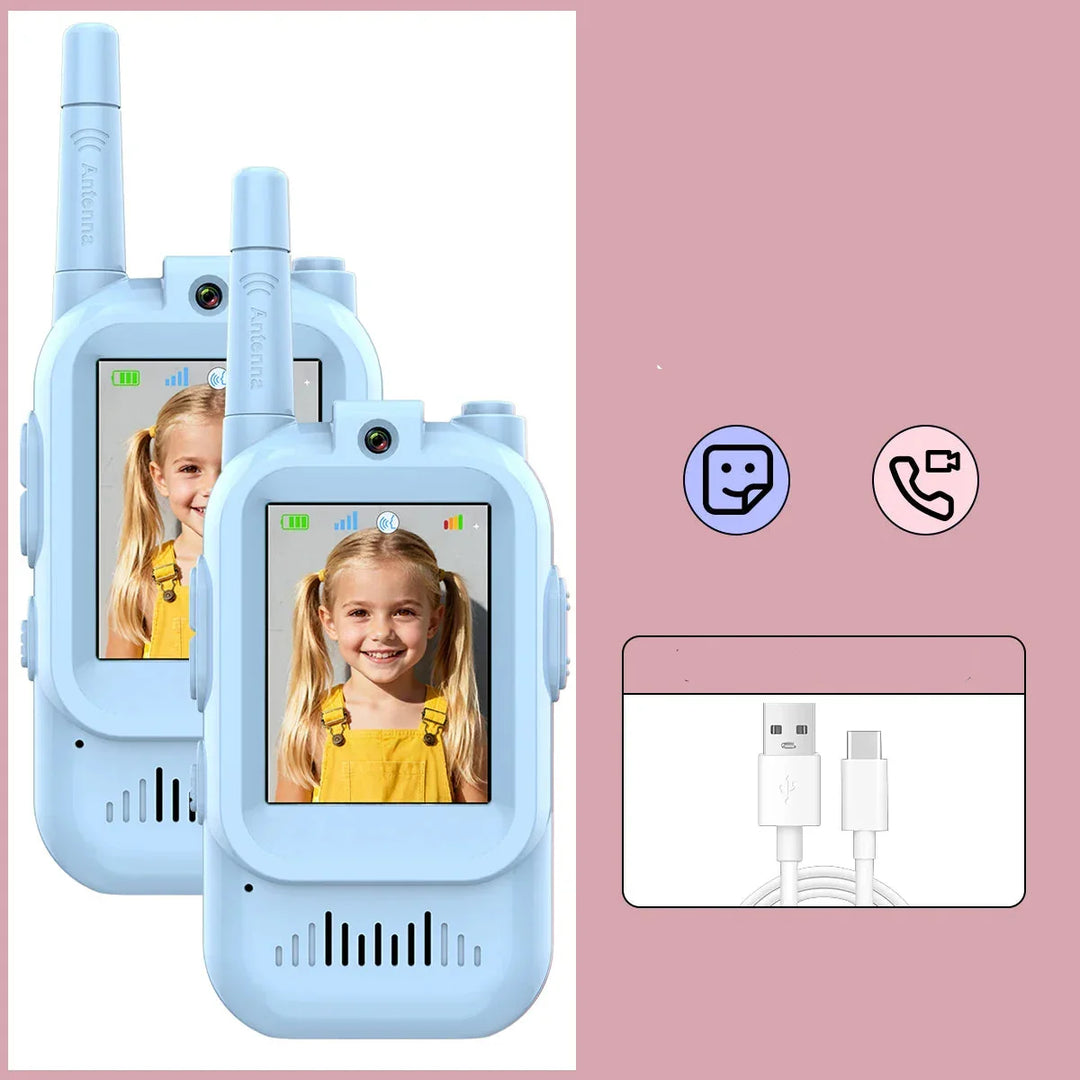 EchoPals kids' video walkie talkie on charging dock, ensuring long-lasting power for outdoor play.