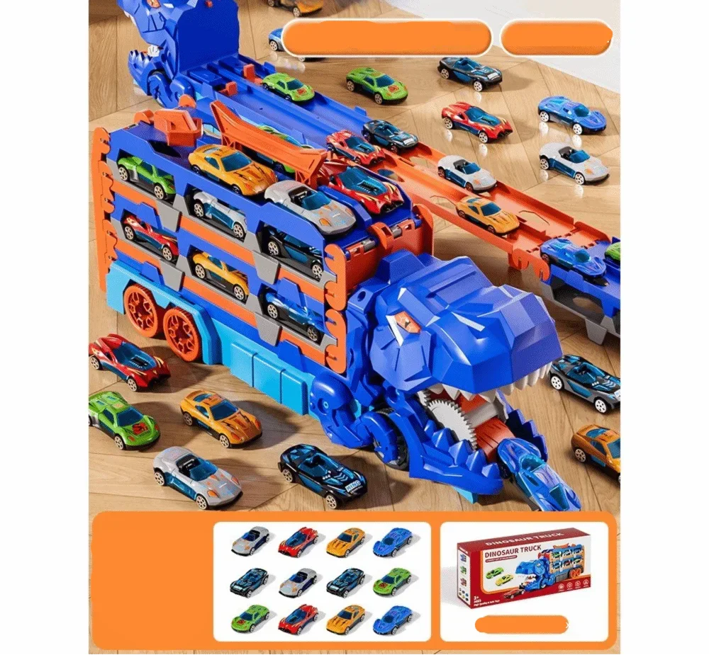 Exciting Trackosaur dinosaur truck with car launcher. Folds for easy storage, perfect for young racers.