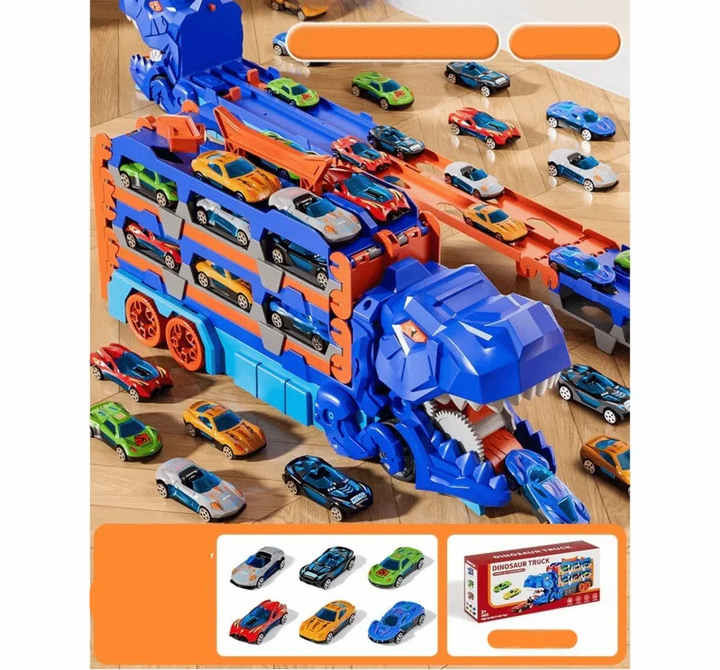 Compact & foldable dinosaur truck toy. Transforms into a car launcher race track for endless play.
