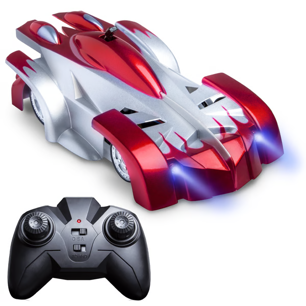 Close-up of a blue gravity-defying RC wall climbing car, showing its innovative design for kids' play.