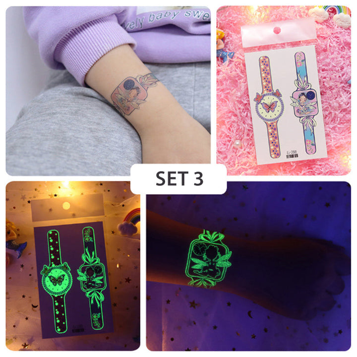 Close-up of the application process for a kids luminous cartoon watch temporary tattoo, easy to use.