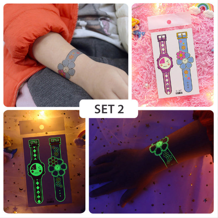 Stack of multiple sheets of luminous racing watch temporary tattoos, great for party favors.