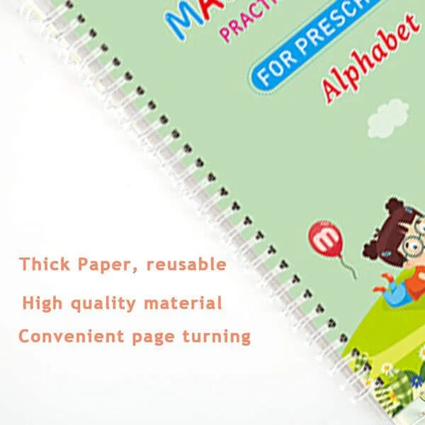 Open reusable math workbook showing addition problems with a magic pen, learning resources for kids