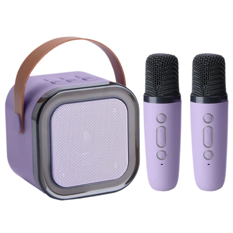 Kids mini portable karaoke machine with two wireless microphones, perfect for young singers.