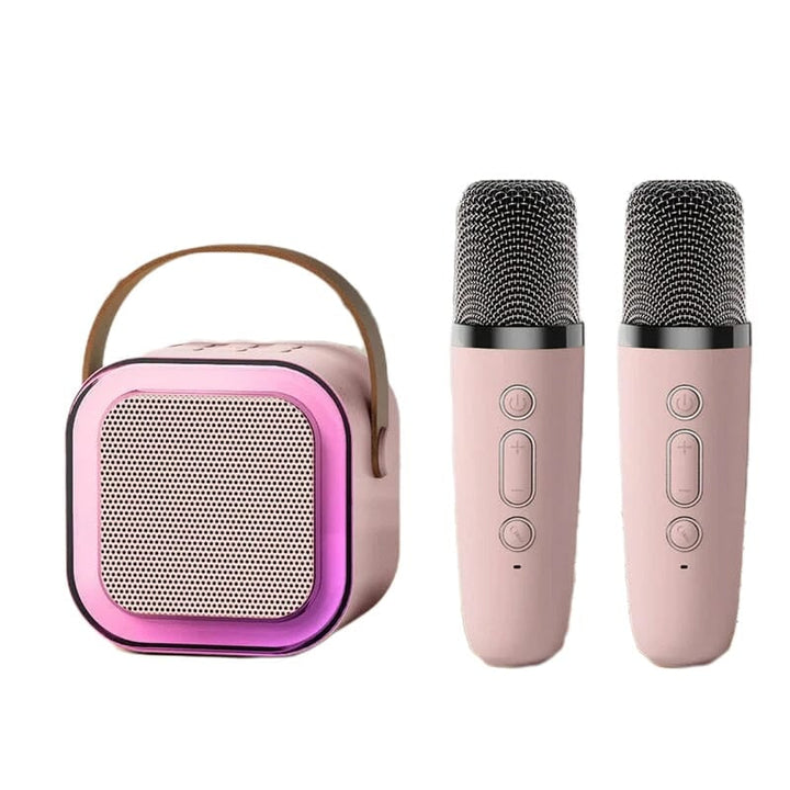 Portable kids' speaker with karaoke function and two micro-USB rechargeable mics.