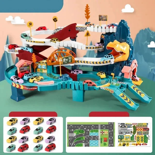 Multi-level spiral toy race track with a fun dinosaur theme, ideal for kids' imaginative die-cast car play.