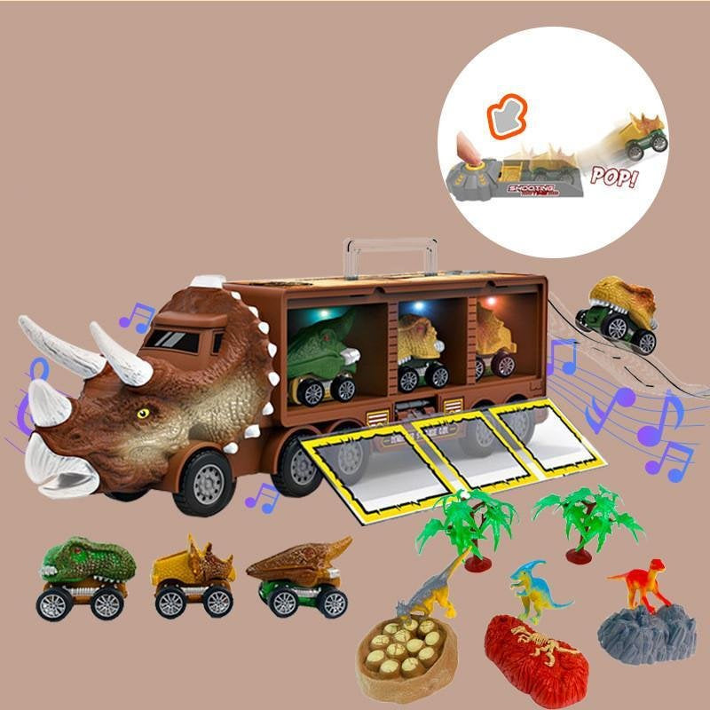 Front angle of a robust dinosaur musical truck toy, suitable for toddlers and kids