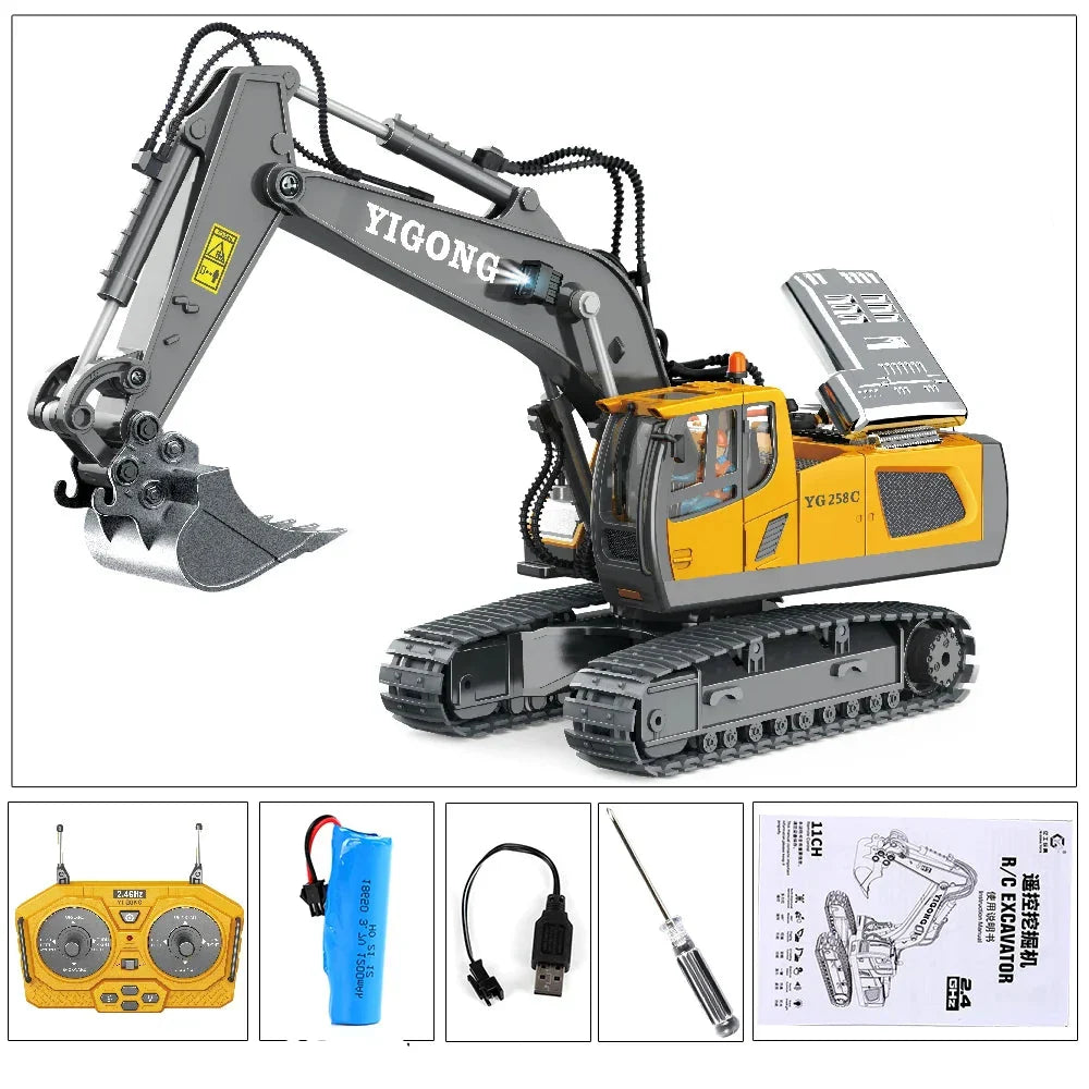 Close-up of the RumbleArm RC excavator's digging bucket and tracks, showing high detail & realism.