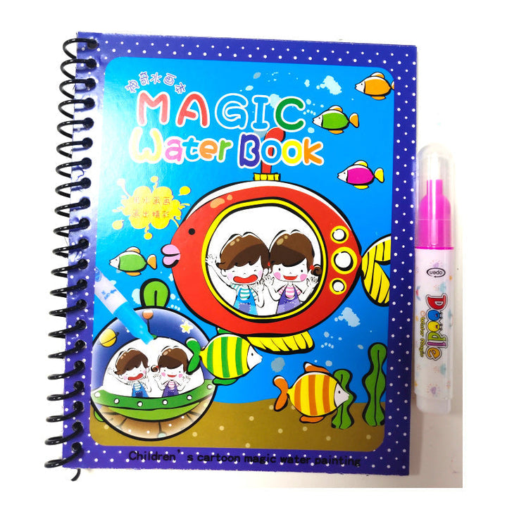 Child's small hand gripping the ergonomic water pen, focused on coloring a reusable book