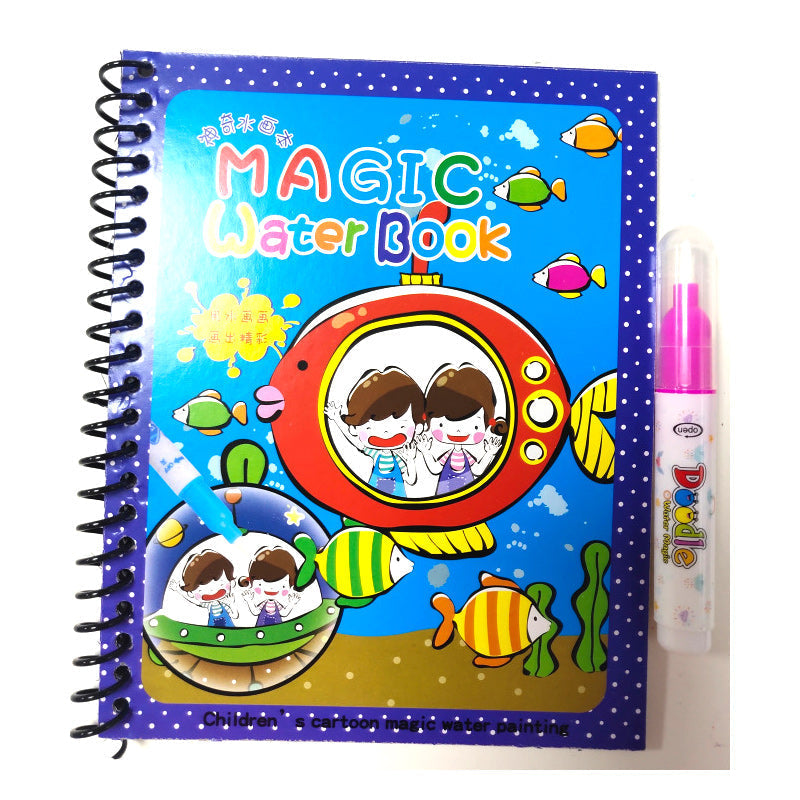 Reusable Magic Water Coloring Book and water pen, spread out on a table for play