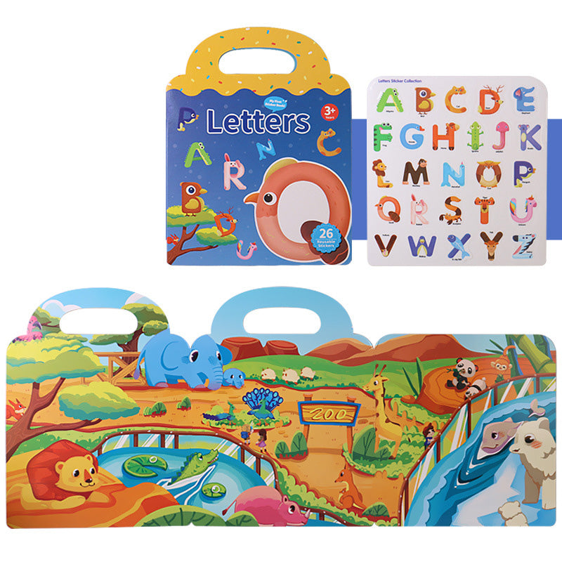 Screen-free travel toy: portable reusable sticker book displayed open on an airplane tray table, for quiet play