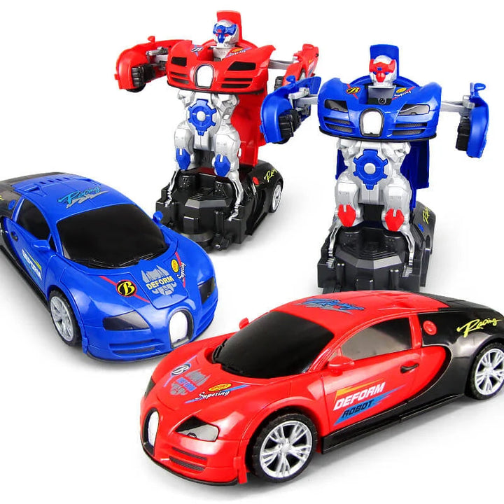 Transforming car toy in action, demonstrating its seamless shift from vehicle to robot with music and lights.