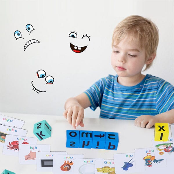 Kids wooden alphabet spelling game with colorful letter blocks, educational puzzle for preschoolers