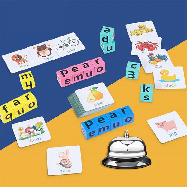 Packaging for the kids wooden alphabet spelling game & puzzle set, highlighting educational benefits