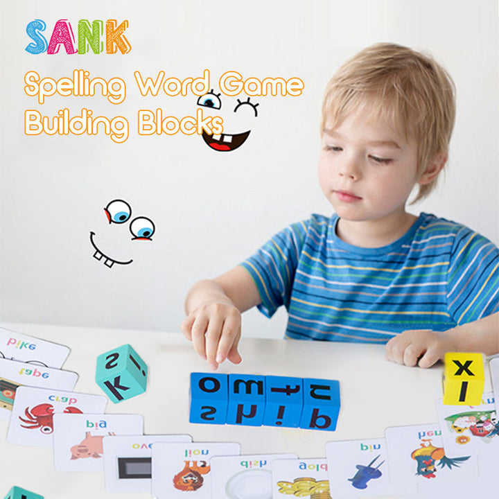 Set of colorful wooden alphabet blocks from a Kids Spelling Puzzle Game, educational toy