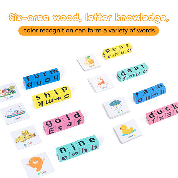 Close-up of wooden alphabet letter blocks for spelling puzzle game, preschool activity