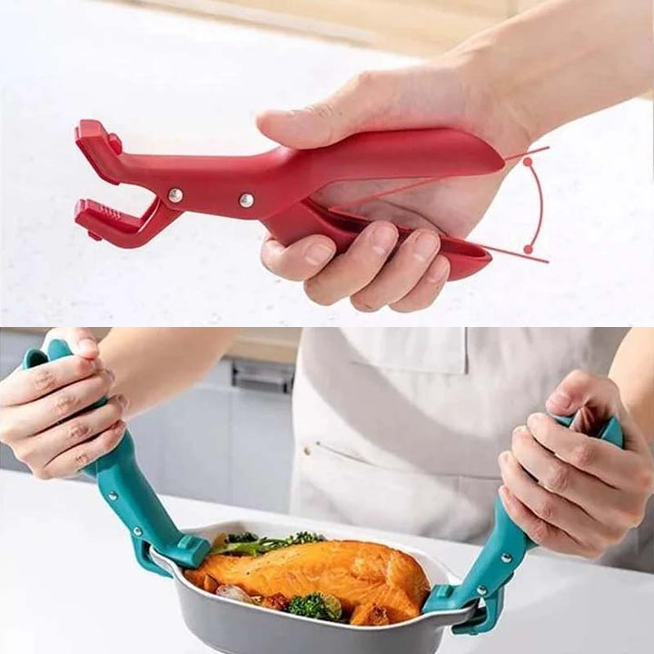 Anti-scald bowl clip in action, carefully removing a hot serving bowl from a deep pot.