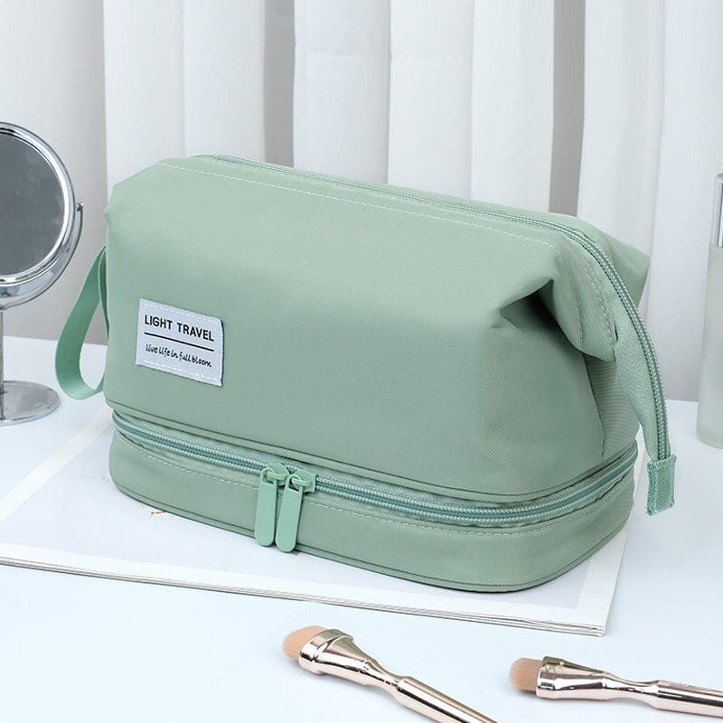 Portable waterproof toiletry bag with a strong hanging hook, ready for use in a shower or hotel bathroom.
