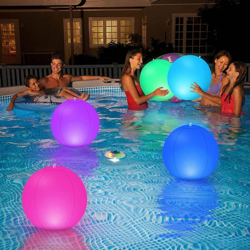 Outdoor evening shot with an LED beach ball illuminating the area, festive
