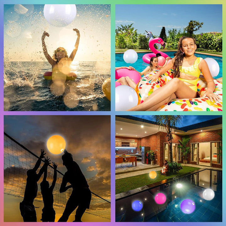 Child playing with a glowing LED inflatable beach ball on a summer evening