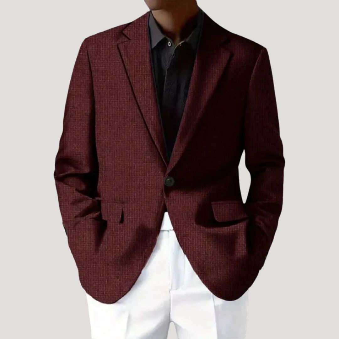 Side profile of a sophisticated men's light blue textured blazer, designed for comfort