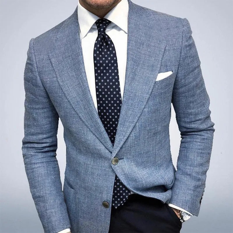 Beige men's tailored jacket, a versatile piece for any occasion. Smart casual menswear blazer.