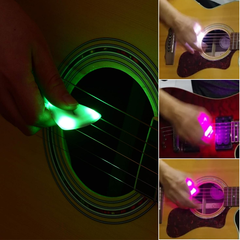 Detailed close-up of a Light Up Guitar Pick, emphasizing the transparent material and internal LED.