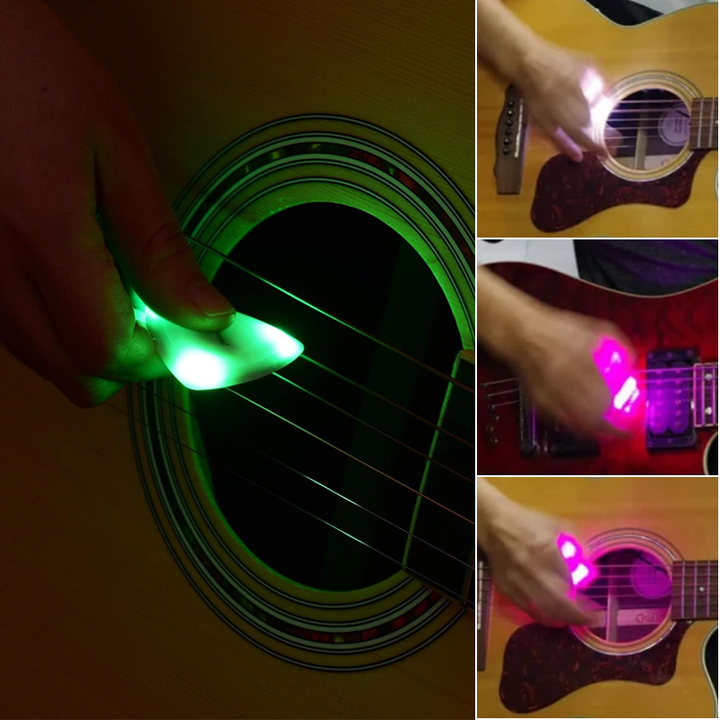 Detailed close-up of a Light Up Guitar Pick, emphasizing the transparent material and internal LED.