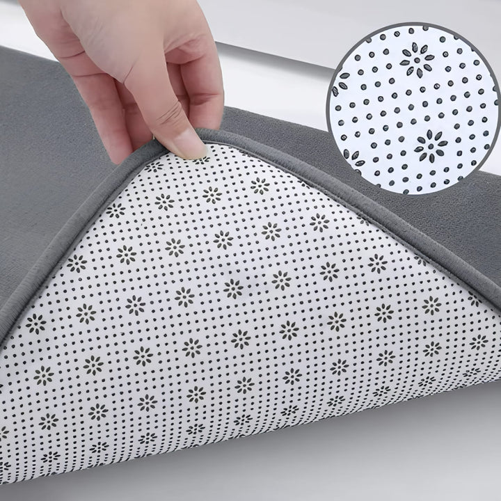 "Luxurious velvet bath mat with memory foam, anti-slip backing, plush coral surface, available in assorted colors and sizes."
