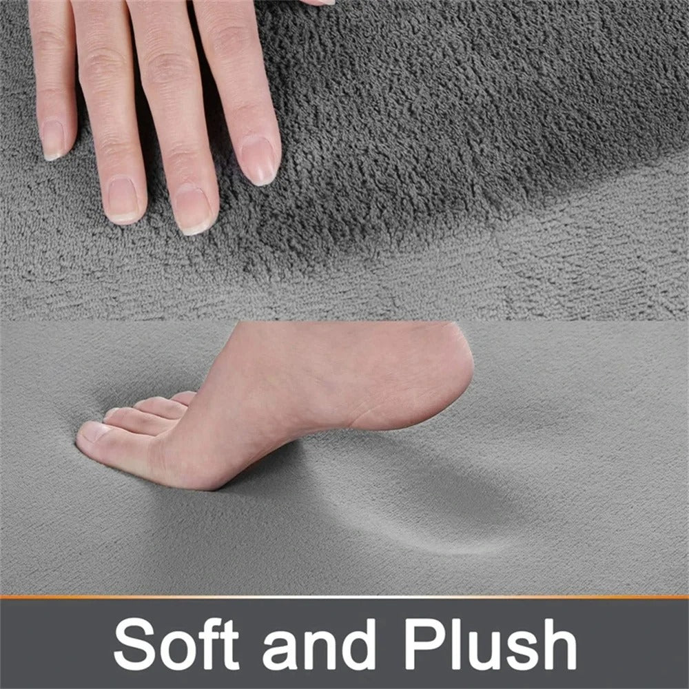 "Luxurious velvet bath mat with memory foam, anti-slip backing, plush coral surface, available in assorted colors and sizes."