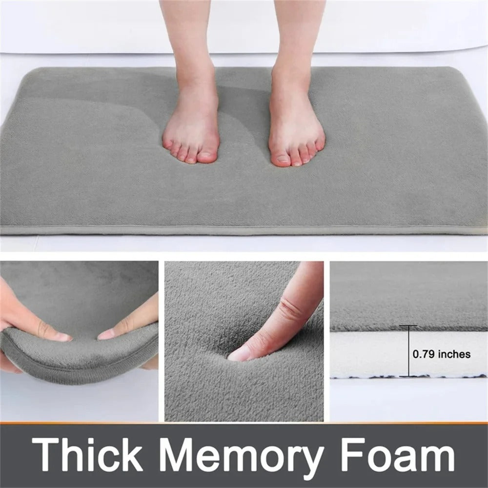 "Luxurious velvet bath mat with memory foam, anti-slip backing, plush coral surface, available in assorted colors and sizes."