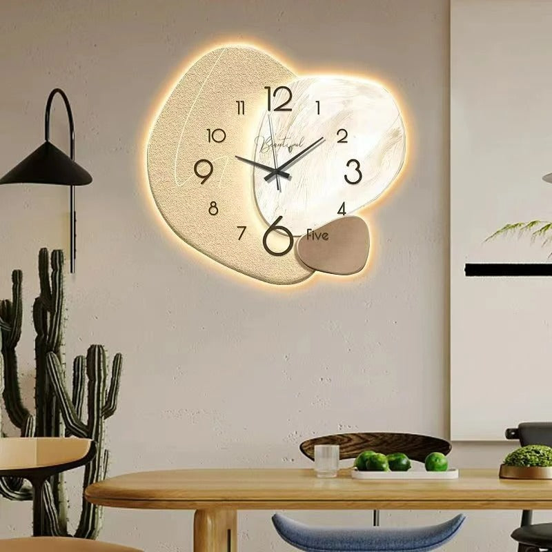 "Luxury LED wall clock; sleek design with illuminated analog face, ideal for modern interiors, home or dining spaces."