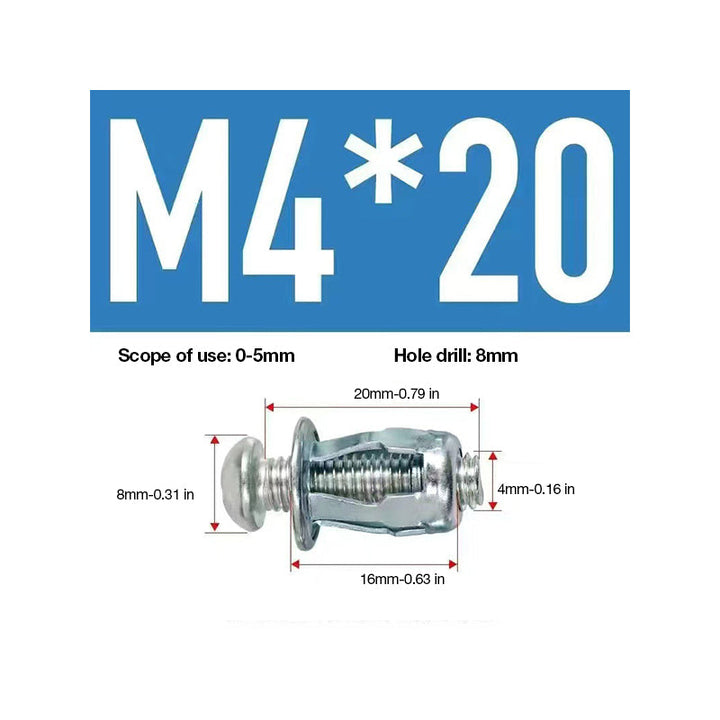 Variety of expansion screw petal nuts, suitable for different materials like plasterboard and wood.
