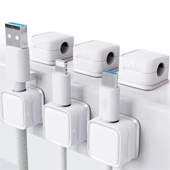 Magnetic Cable Organizer Clips in a minimalist office setting, promoting a clutter-free workspace