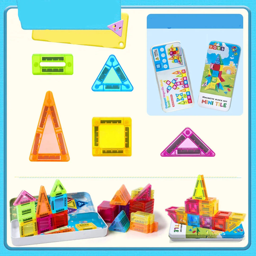 Assorted MagniCraft magnetic geometry building block set pieces, ready for educational play.