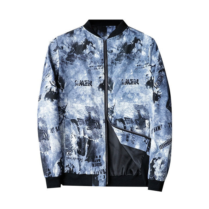 High-quality men's abstract print bomber jacket. Durable and stylish outerwear, a must-have for modern men.