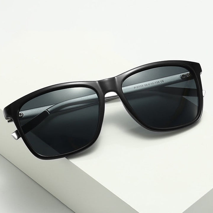 Detail of a polarized lens on men's aluminum magnesium sunglasses, anti-UV, anti-glare