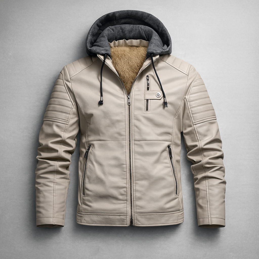 Close-up of the faux leather texture and soft fleece lining on a men's hooded jacket